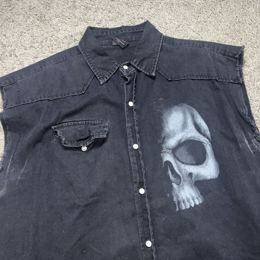 SPIRAL DIRECT Sleeveless Worker Shirt SKULL SCROLL  2XL Cotton Goth Biker Snap - Picture 2 of 6